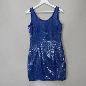 Vintage Papell Boutique Evening Sequin Mini Dress Womens 8 Blue Silk Party Y2K